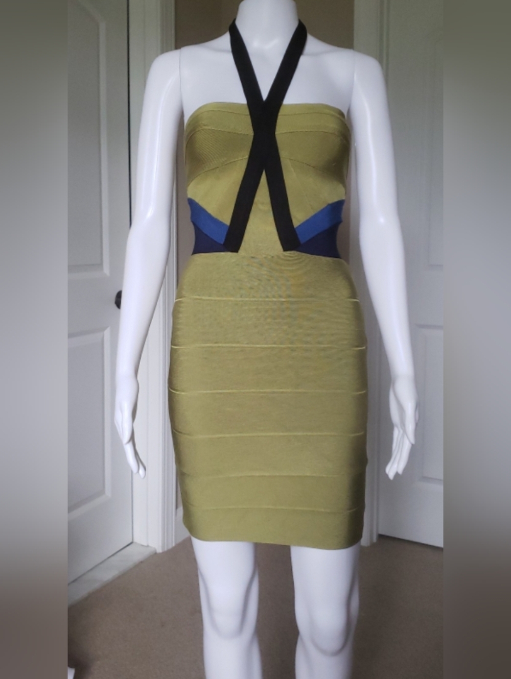 Herve Leger Olive Green Halter Bandage Dress with Black & Blue Details